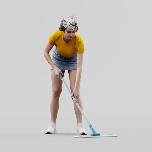 Girl with a mop washes the floor