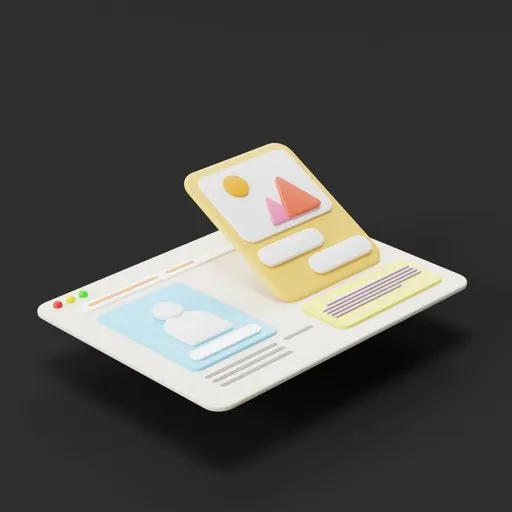 Stylized 3D model of a dashboard interface with icons and widgets created in Blender.