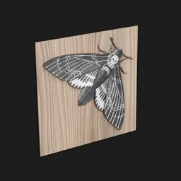 "Silver Hawk 3D model - Monochrome moth on wooden plaque against a black background. Perfect for video game assets, realistic tattoo designs, and anamorphic illustrations. Created using Blender 3D software."