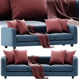 "Modern blue sofa with brown-red pillows and blanket, perfect for 3D rendering with Blender 3D. Created by Ladrönn, this stunning sofa features multiple illusory arms and is an ideal addition to any virtual living space."