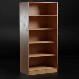 Detailed 3D model render of a wooden bookshelf with five shelves, optimized for Blender, isolated on dark background.