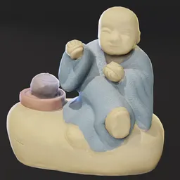 Detailed 3D model of a serene monk with teapot, designed for Blender use, showcasing pre-baked lighting effects.