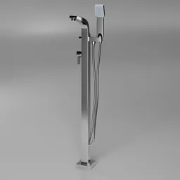 3D rendering of a sleek, chrome-plated bathtub faucet with single lever and shower attachment in Blender.