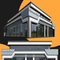 Modern 3D-rendered fitness club building with detailed glass facade for Blender modeling and architectural visualization.