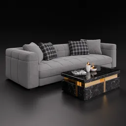 3D Blender model of a contemporary grey sofa with matching coffee table, showcasing fabric textures and minimalist style.