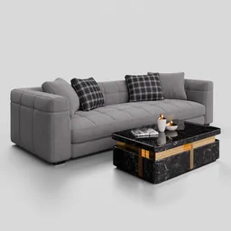3D Blender model of a contemporary grey sofa with matching coffee table, showcasing fabric textures and minimalist style.