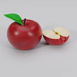 "Handmade high-poly red apple with a sliced cut and leaf in Blender 3D. Realistic and perfect for 3D modeling and visual simulations. Ideal for virtual fruit and vegetable displays."