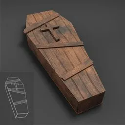 Detailed wooden coffin 3D model for Blender, optimized for game development with a low poly count.