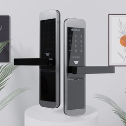 "Black and silver electric door handle and keypad, perfect for futuristic skyscrapers and professional product photography using Blender 3D. This new model has a sleek and modern design with four fingers maximum. Created for optimal performance with UE5 and suitable for use in iMet2020."