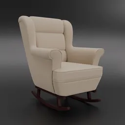 Detailed 3D Blender model of a beige upholstered rocking chair with wooden base, perfect for interior design renderings.