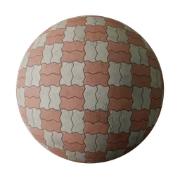 Seamless PBR texture of zigzag unipaver blocks in basketweave pattern for 3D modeling.