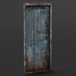 Detailed 3D model of a textured, weathered metal shed door with rust, optimized for Blender.