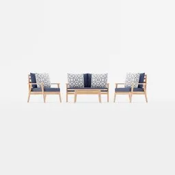 Detailed 3D model showcasing a patio set with cushioned chairs and sofa available for rendering in Blender.