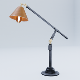 "Industrial desk lamp in worn style, created in Blender 3D with corona renderer. Features a long arm and antique gold accents, inspired by Alexander Stirling Calder's work and the Disney animation style. Perfect for adding a vintage touch to any project. "