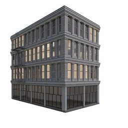 Detailed 3D model of a multi-story modular building with lit windows, designed for Blender exterior scenes.