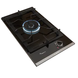 Detailed 3D render of a modern black gas hob with a lit burner, suitable for Blender visualization.