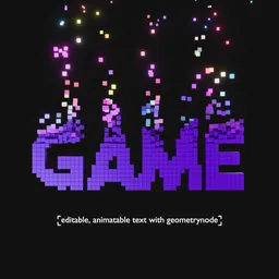 Animated 3D pixelated 'GAME' text dissolving, customizable via Blender's geometry node modifier.