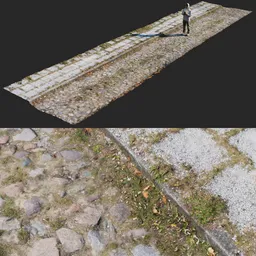Highly detailed 18m 3D cobblestone road model with grass, 8K textures, ideal for Blender exterior scenes.