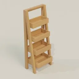 Detailed 3D model of a wooden ladder bookcase with multiple shelves, compatible with Blender.