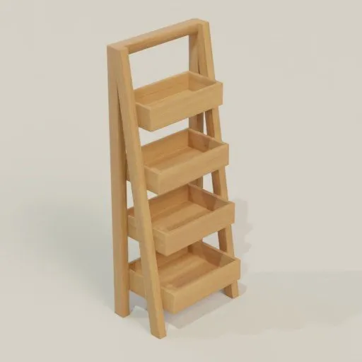 Detailed 3D model of a wooden ladder bookcase with multiple shelves, compatible with Blender.