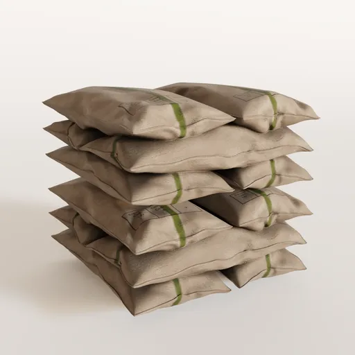 Stacked burlap sacks 3D model with realistic textures for Blender rendering, industrial container design.