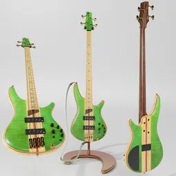 "High-quality Ibanez SR4FMDX-EGLE Bass 3D model featuring Nordstrand Big Break humbuckers, custom Ibanez electronics, and GOTOH mechanics. Made using Blender 3D software and includes a Bulldog guitar stand and strap. Perfect for your Blender 3D instrument collection."