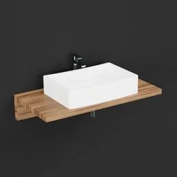 3D render of a minimalist white marble sink on a wooden shelf for Blender modeling.