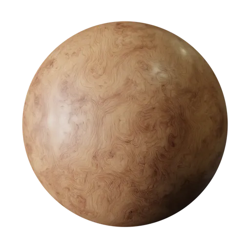 High-resolution Blender 3D PBR material texture of Swirled Burl Wood with detailed swirling grain patterns for realistic rendering.