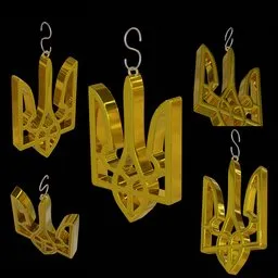 "Gold metal Christmas ornaments with bird designs, featuring yellow gemstone spikes, created in Blender 3D. Ukrainian-inspired decorations for the holiday season."