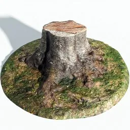 "Low poly photo-scan of a tree stump 3D model with 2k PBR textures, perfect for Blender 3D. Trending 3D matte illustration with desolated wasteland and mellow vibes."