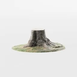 "Low poly photo-scan of a tree stump 3D model with 2k PBR textures, perfect for Blender 3D. Trending 3D matte illustration with desolated wasteland and mellow vibes."