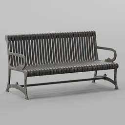 Detailed 3D model of a weathered metal park bench with realistic textures, ideal for Blender rendering.
