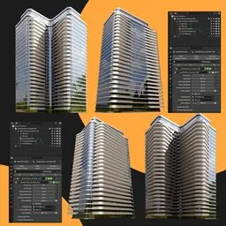 Detailed 3D glass building model with editable geometry nodes for Blender, showcasing energy efficiency and modern design.