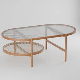 Elegant 3D-rendered oval wood and rattan table with glass top, optimized for Blender modeling.