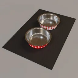 "Pet Bowls on Mess-Containing Mat 3D model for Blender 3D: Two empty bowls placed on a black surface with 8K fabric texture details."