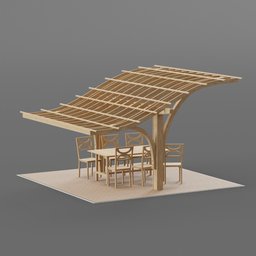 "Stunning Asian-style gate 3D model for Blender 3D. Perfect for visualizing garden entrances with its simplistic design. Highly detailed with features including a wooden structure, table and chairs, parasol, and elm tree."