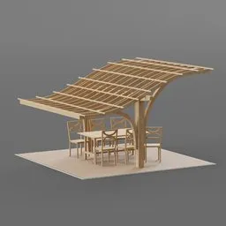"Stunning Asian-style gate 3D model for Blender 3D. Perfect for visualizing garden entrances with its simplistic design. Highly detailed with features including a wooden structure, table and chairs, parasol, and elm tree."