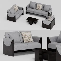 Dark wood & Grey Fabric Sofa