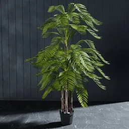 Detailed 3D model of an artificial Areca palm for Blender rendering, customizable for interior design.