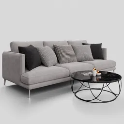 Detailed 3D model of a modern fabric three-seater sofa with coordinated coffee table, rendered in Blender.