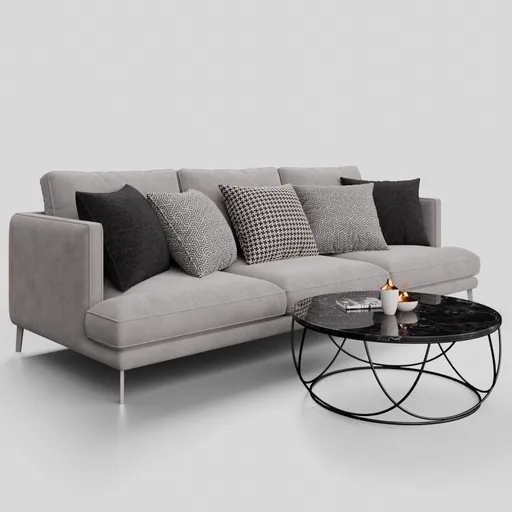 Detailed 3D model of a modern fabric three-seater sofa with coordinated coffee table, rendered in Blender.