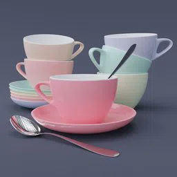 Stacked pastel-hued 3D cup and saucer models with spoons, Blender 3D render for tableware design.