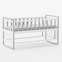 "White and grey rocking crib 3D model with metal bars and a shelf, perfect for furniture sets in Blender 3D. Realistic 3/4 view with sleek lines and shading."