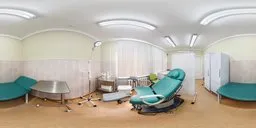 Compact HDR panorama of a well-lit, modern medical examination room with clinical equipment.