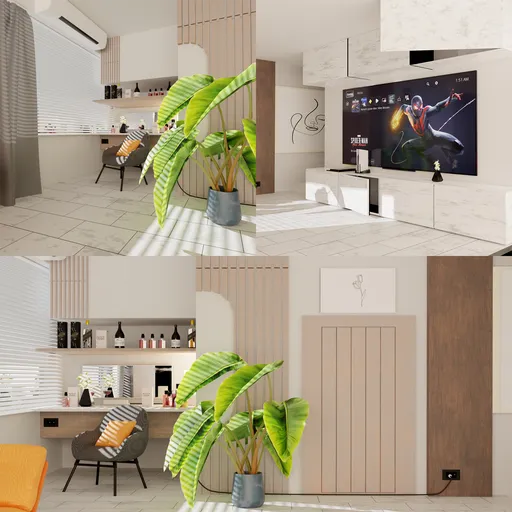 Detailed Blender 3D model of a minimalistic, sunlit indoor scene with realistic textures and lighting.