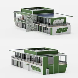 Modern eco-style 3D model of a private house with moss covering, large balcony, panoramic windows, and garage, designed in Blender.
