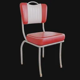 "Experience true retro vibes with this American diner chair 3D model for Blender 3D. The red and white chair features a stylized PBR, vintage shapes, and an iconic metallic frame. Perfect for adding character to your 3D scenes, this chair is sure to impress."