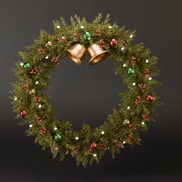 Realistic 3D-rendered Christmas wreath with shiny bells, pine foliage, and festive decorations for Blender design.