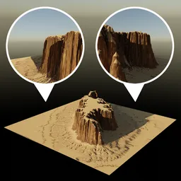 "Realistic desert rock terrain created using World Creator 3 software for Blender 3D. This 3D model features a sand castle amidst an arid desert, with mountainous terrain and photorealistic details. Perfect for landscape projects and in-game creations in Blender 3D."