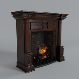 Detailed Victorian-style 3D rendered fireplace with intricate woodwork design, suitable for vintage or modern interiors, created in Blender.